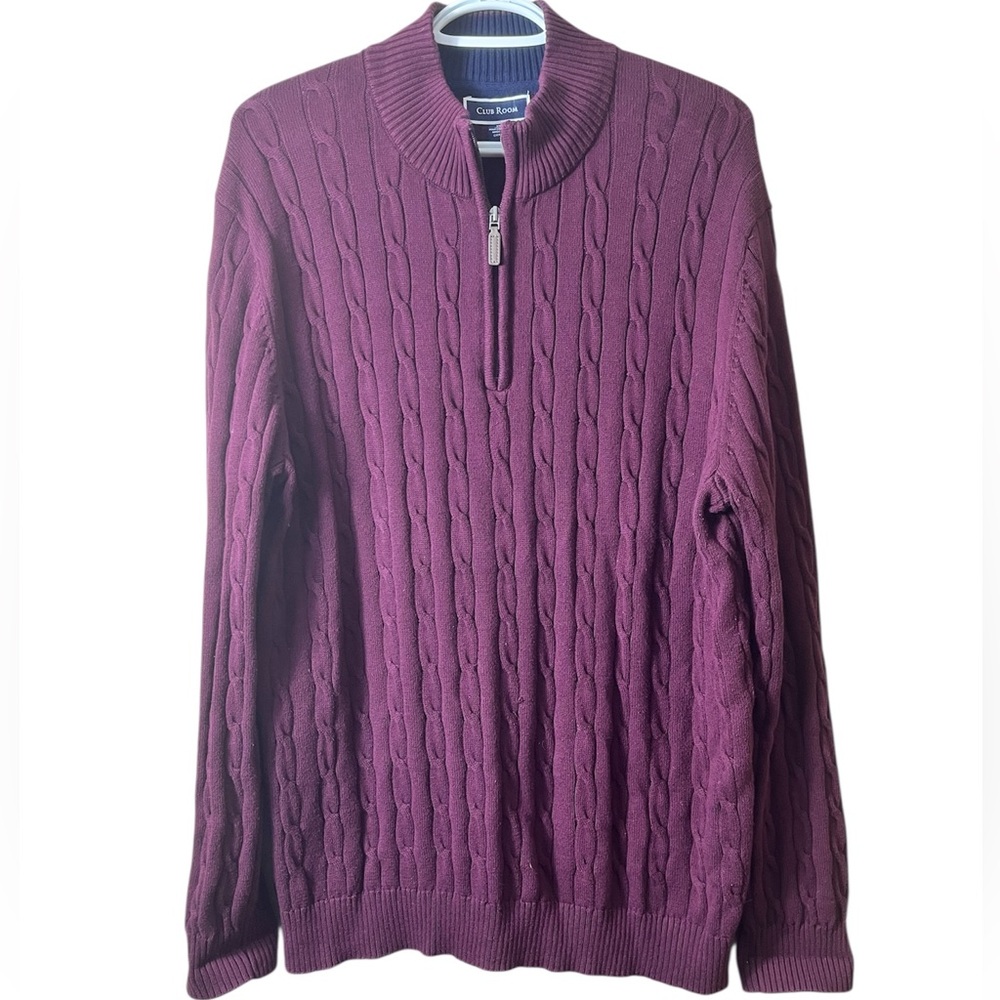 Club Room Men's 1/4 Zip Cable Knit Sweater Burgundy Pima Cotton Size XL Academia